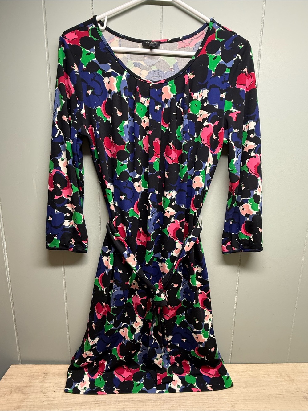 Talbots Navy Floral Tie-Waist Long Sleeve Dress with Pink & Green